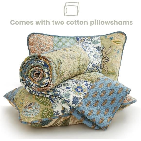 King Size Comforter Set- 100% Cotton Quilt King Size Set, Green, Sage bedspreads - Picture 6 of 7